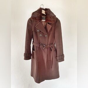Bebe✨Y2k Belted Wool Blend Trench Rabbit Fur Collar- Chocolate Brown Size